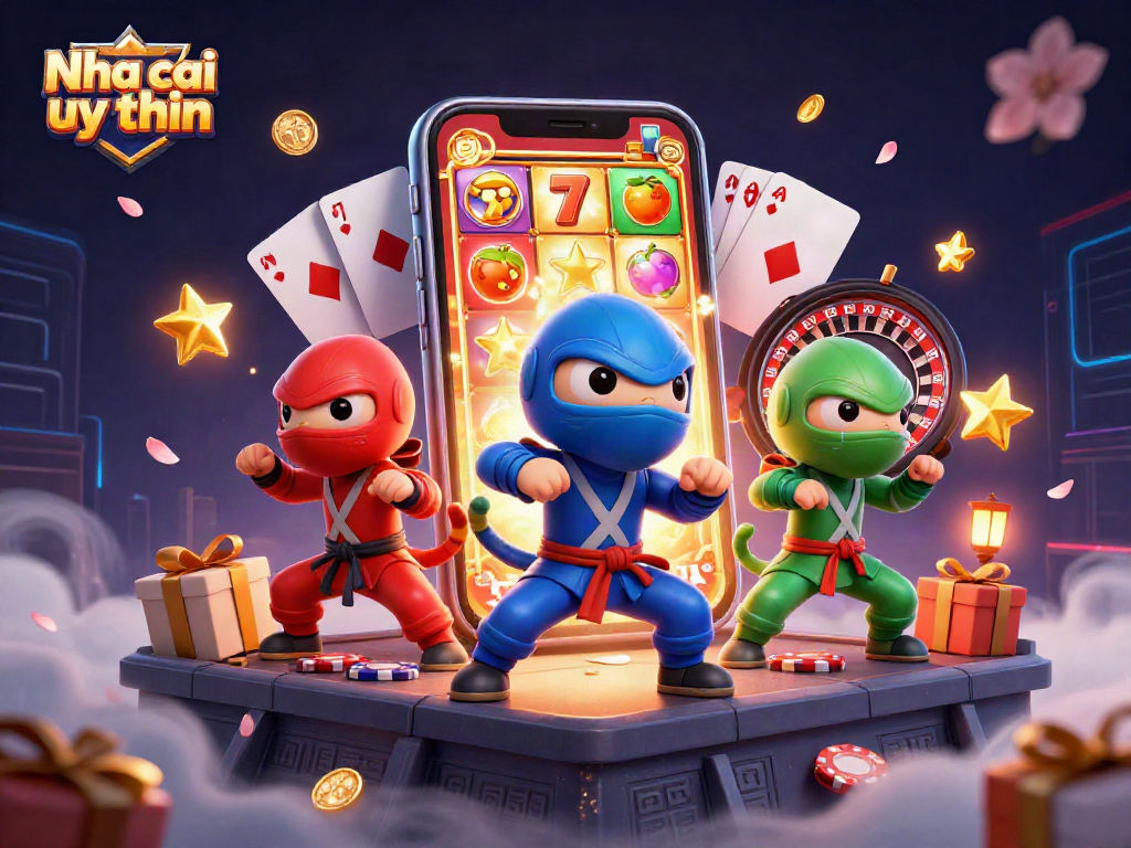 Nha cai uy tin showcases colorful slot games and chameleon ninjas mastering martial arts on a vibrant rooftop.