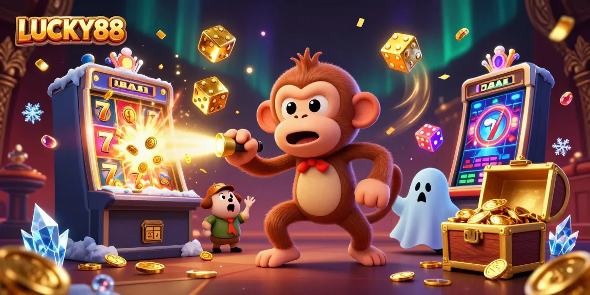 Experience LUCKY88's vibrant casino atmosphere with a ghost-hunter puppy tracking a playful poltergeist monkey.