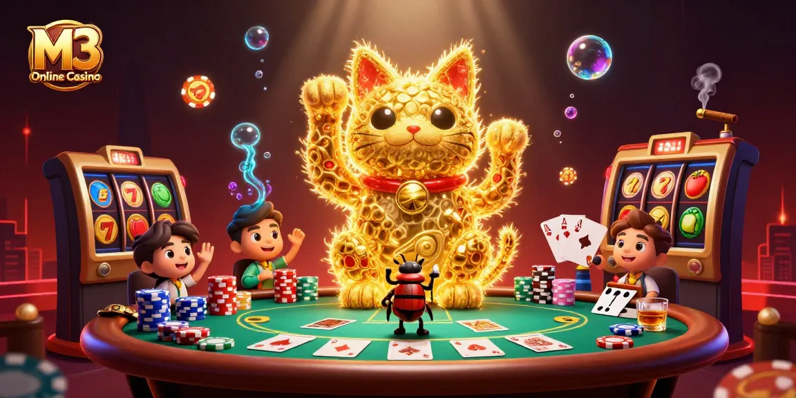 M3 Online Casino features a vibrant scene with a giant lucky cat, poker elements, and dynamic gaming symbols.