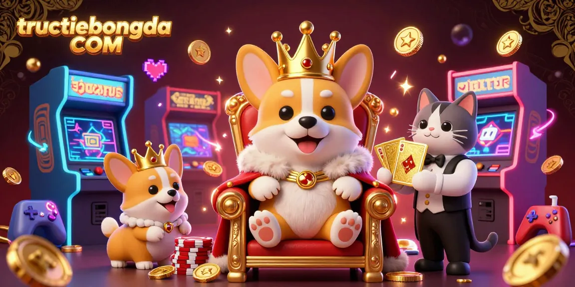 Experience excitement with tructiepbongda COM as a royal corgi presides over a lively casino scene.