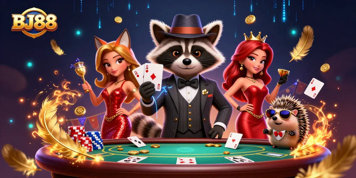 BJ88 captures the excitement of casino gaming with raccoon, fox, and hedgehog amid a vibrant poker scene.