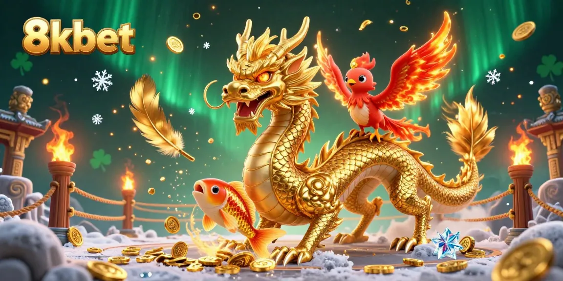 Experience thrilling bets with 8xbet's vibrant casino environment featuring a fierce golden dragon and lucky koi.