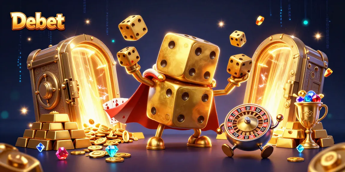 Debet casino illustration showing a vibrant golden dice golem juggling smaller dice and treasures.