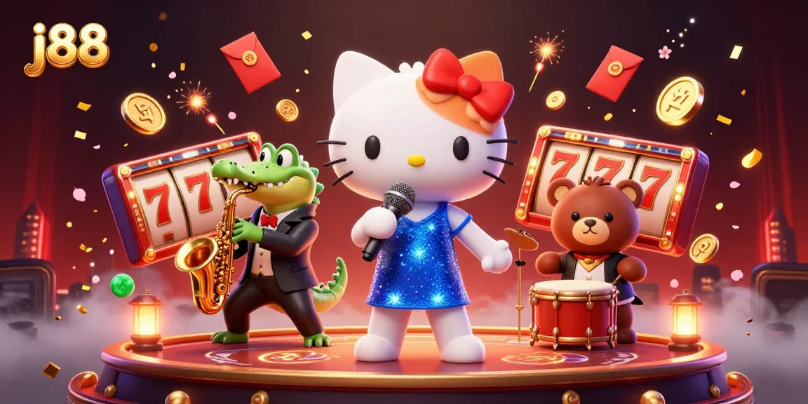 Win big with j88 at a vibrant casino stage featuring animated characters and rich game elements.