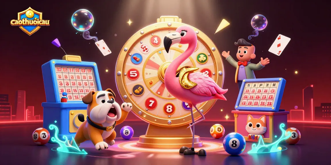 Experience the excitement at caothusoicau with our lively lottery themed digital illustration featuring game show characters, glowing elements, and rich details.
