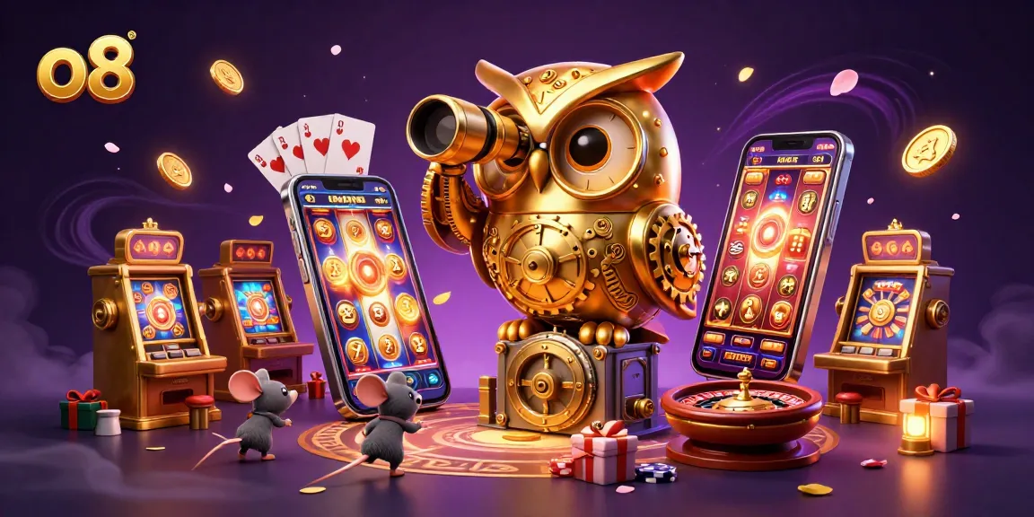 Experience winning spins at o8 with a vibrant casino scene featuring a golden owl and lively elements.