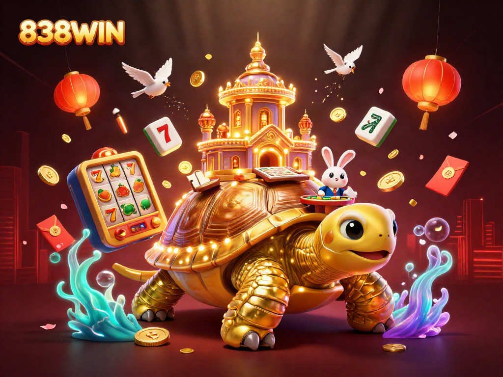 Engage in casino fun with the vibrant 838WIN golden tortoise scene filled with lively elements.