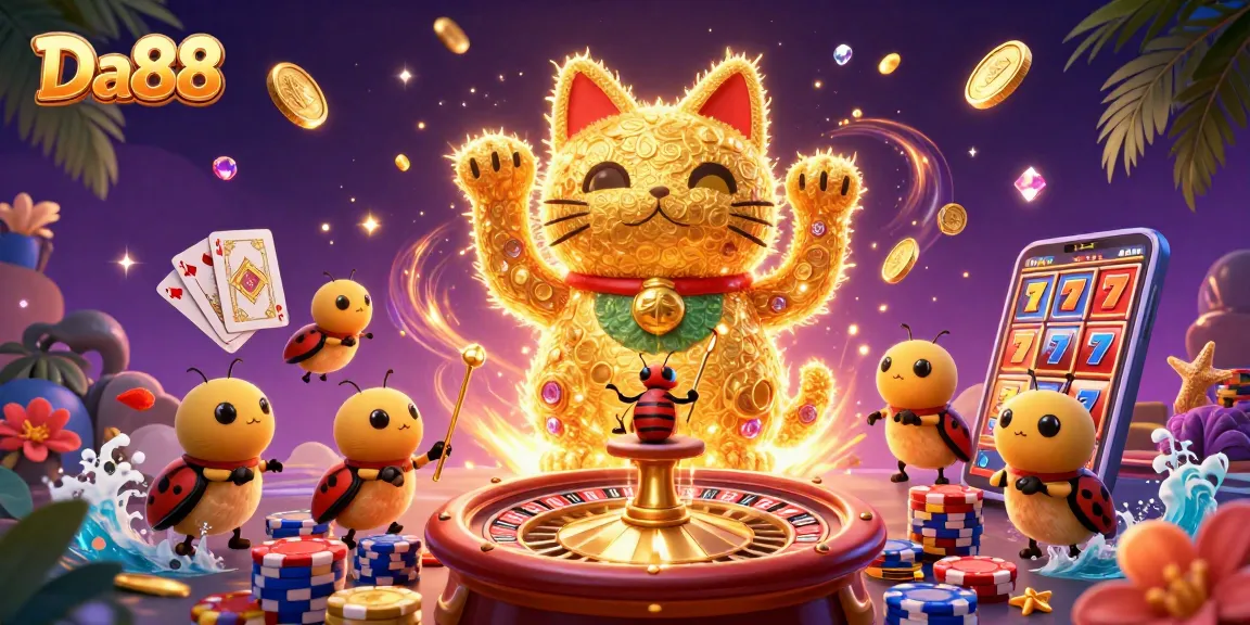 Witness the Da88 lucky cat animated by golden fireflies surrounded by casino treasures and excitement.