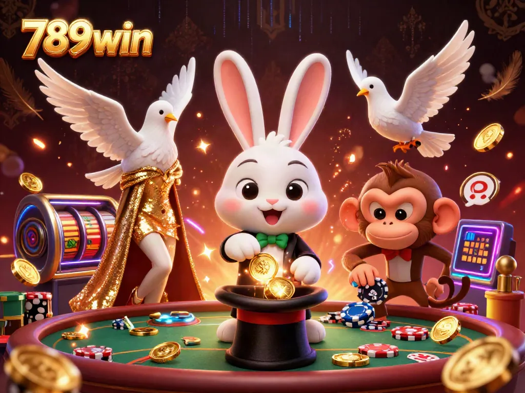 Engage with 789win's magical casino experience featuring a magician rabbit and vibrant gaming elements.