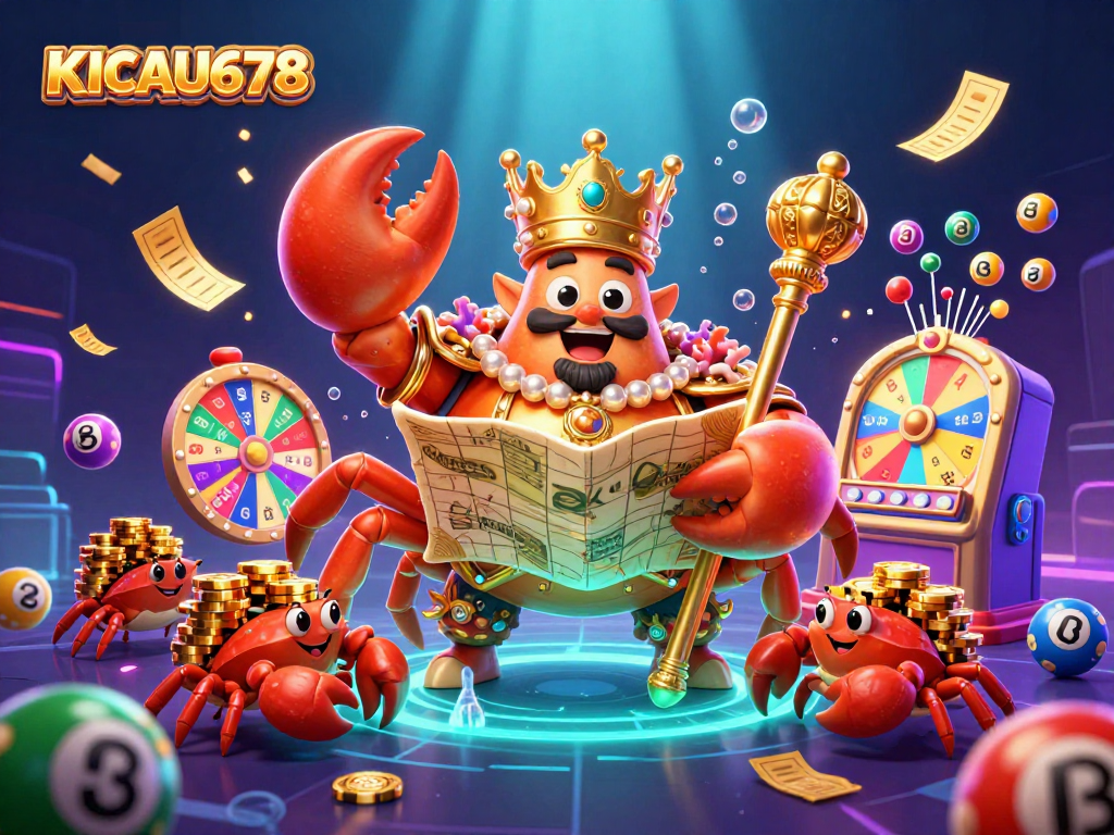 KICAU678 featuring a majestic golden crab emperor amidst a vibrant lottery scene, showcasing exciting gaming elements.