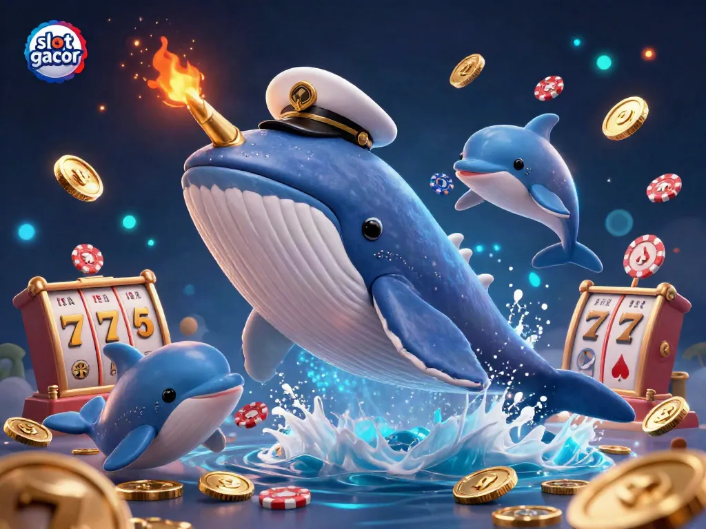 Engage with slot gacor in a vibrant scene featuring a cartoon whale and playful dolphins amidst slot game symbols.