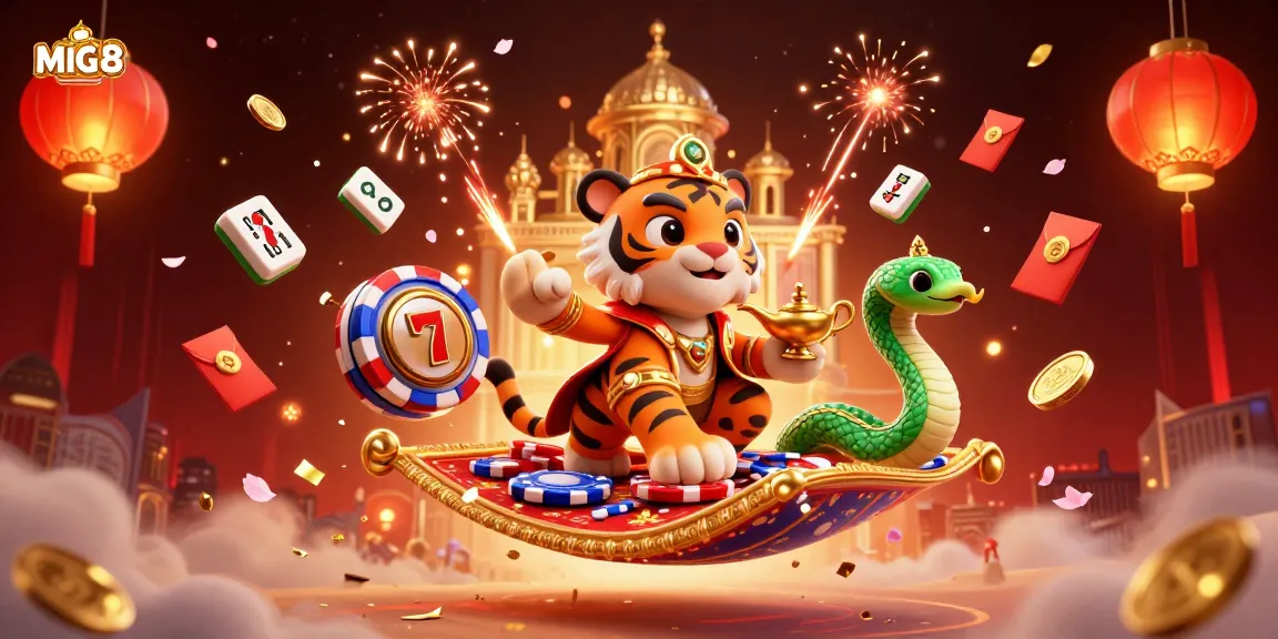 MIG8 captivates with a magical casino journey highlighting a tiger sultan, genie snake, and vibrant gambling elements.