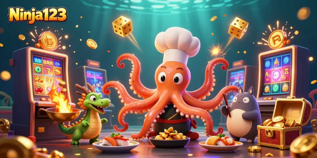 Ninja123 features vibrant casino elements with a sushi chef octopus, dragon, and tanuki in a thrilling scene.