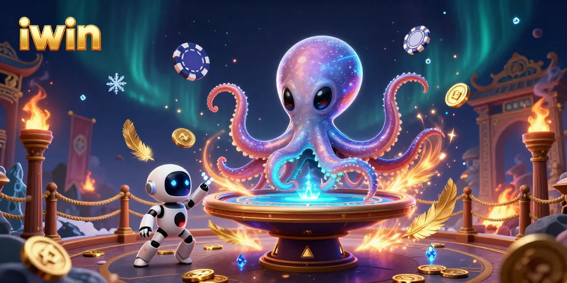 iwin's alien octopus spins the holographic poker table, surrounded by cosmic chips and dynamic gaming elements.