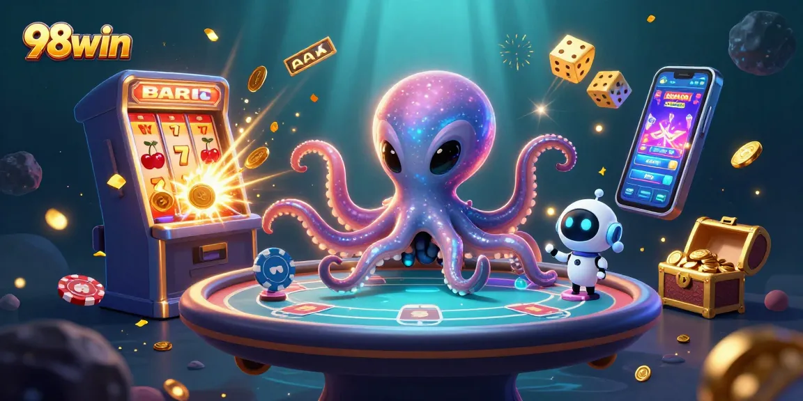 Capture thrilling moments at 98win with a vibrant 3D alien octopus engaging in a holographic poker game.