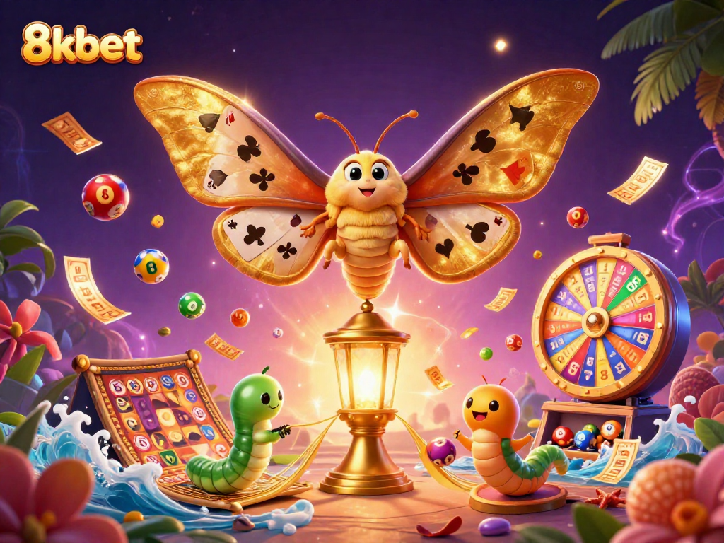 Experience the vibrant energy of 8kbet with dynamic casino scenes featuring colorful lottery elements.
