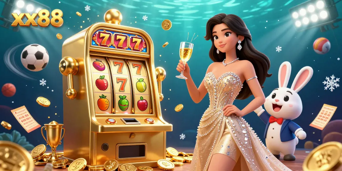 Experience thrilling jackpots with xx88's immersive casino illustration featuring slot machines and festive gold.