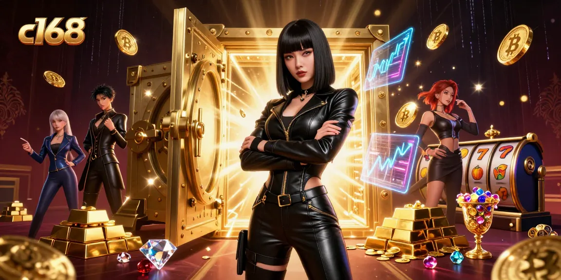 c168 gaming illustration showcases a powerful Asian woman amid glowing gold, slot reels, and crypto coins.