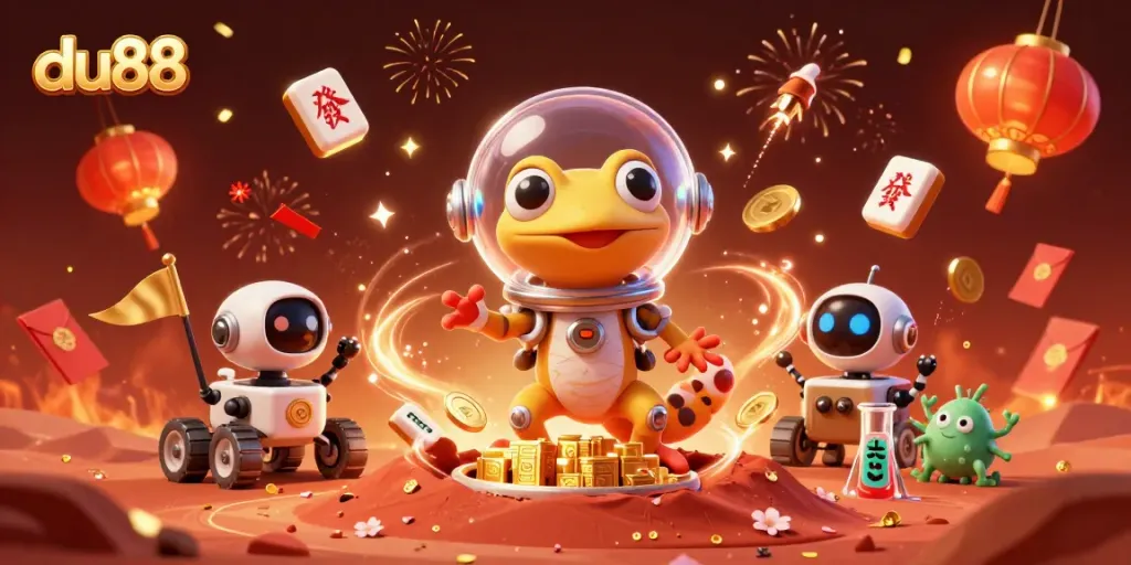 Martian gecko explores du88 casino amidst vibrant gaming elements with confetti.