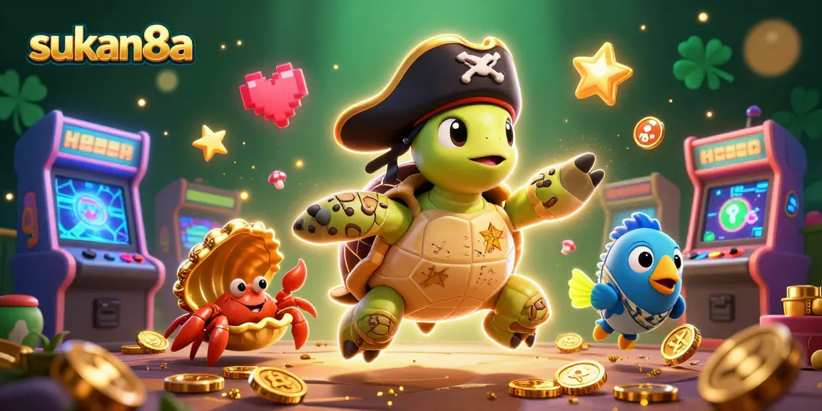 Sukan8a casino scene featuring a pirate turtle, hermit crab, and parrotfish amidst vibrant gaming elements.