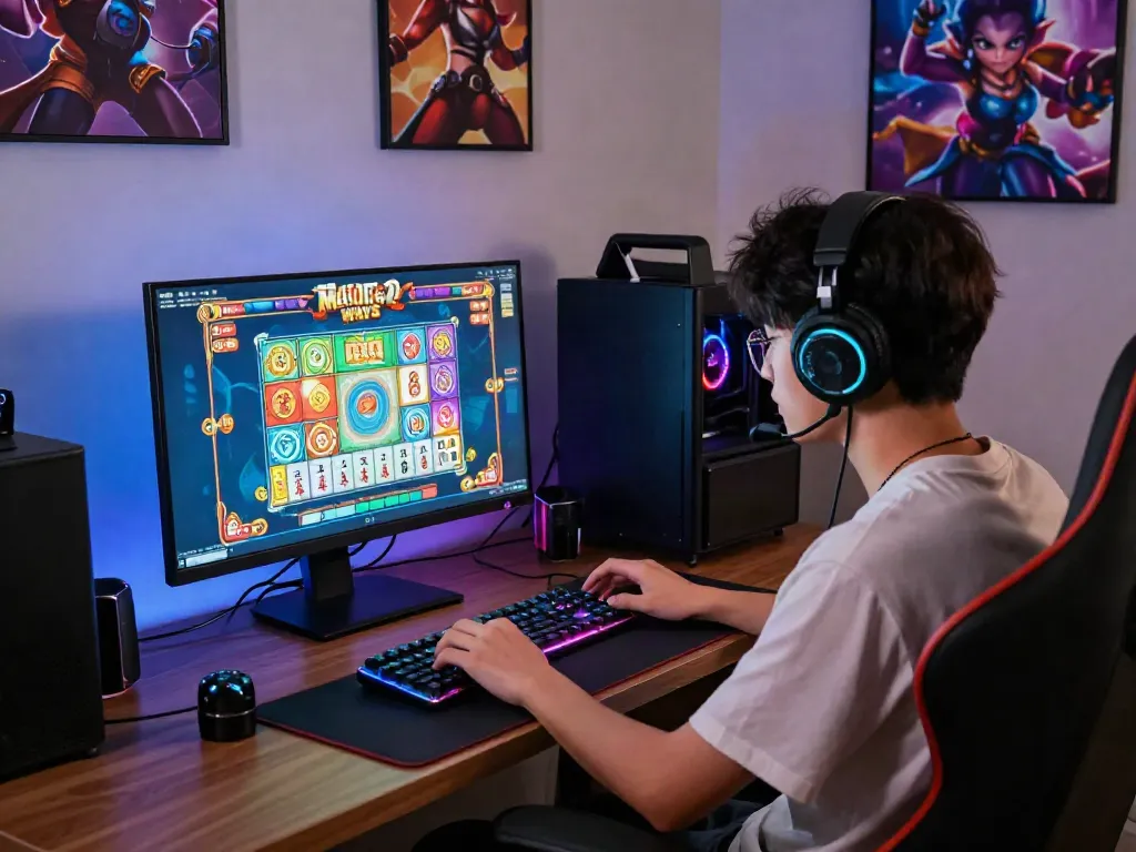 Pengguna bermain slot Mesinmpo di ruang game modern dengan aksen RGB dan perangkat gaming canggih.