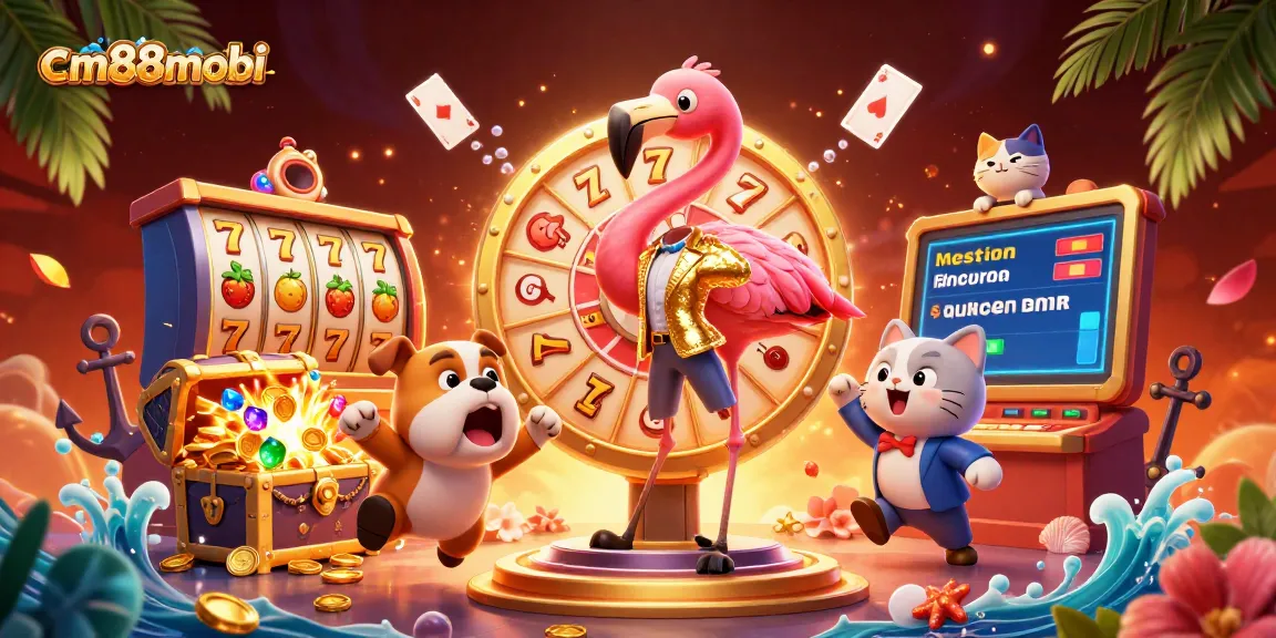 Experience the excitement of cm88mobi with a 3D game show scene featuring an animated flamingo and bulldog.
