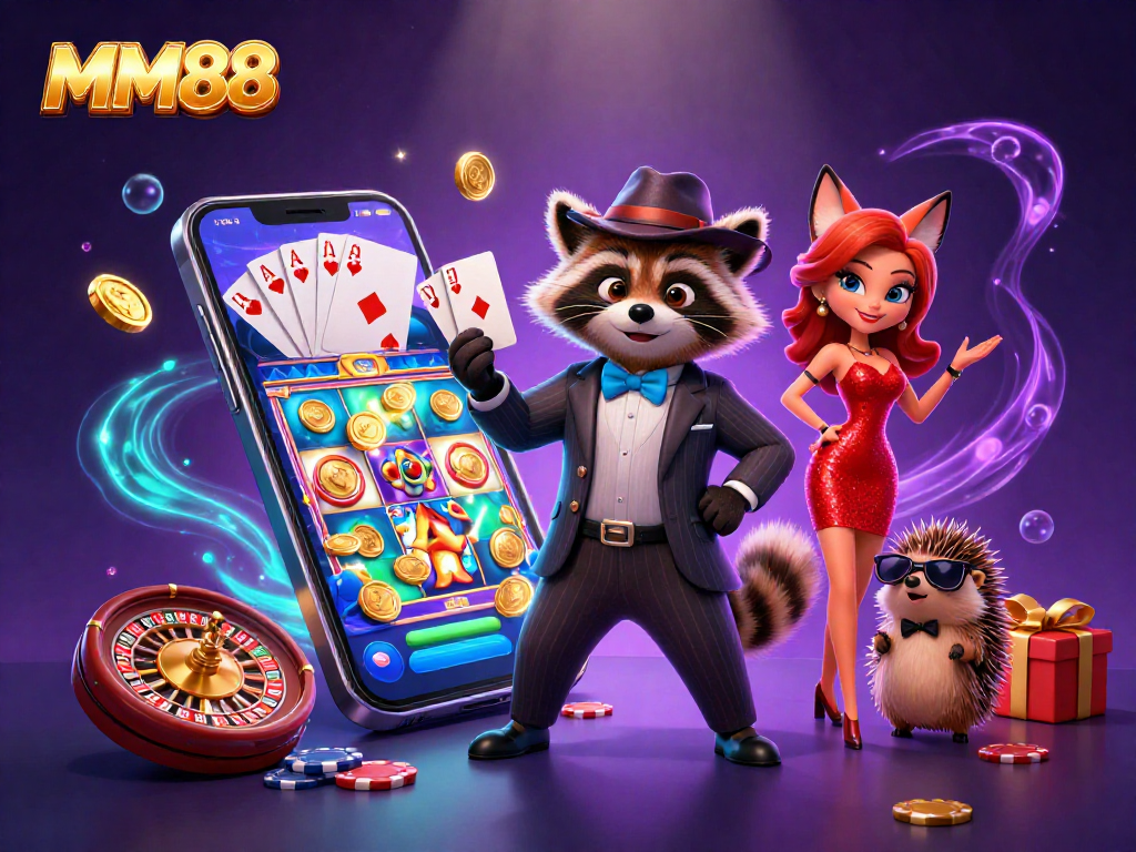 Experience the vibrant MM88 casino scene with a suave raccoon and stunning characters amid gambling excitement.