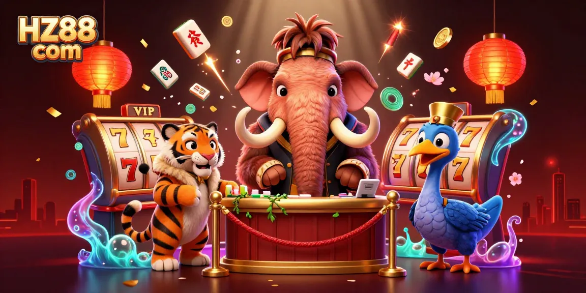 Experience exciting gameplay with HZ88 com in this vibrant casino scene featuring a woolly mammoth bouncer.