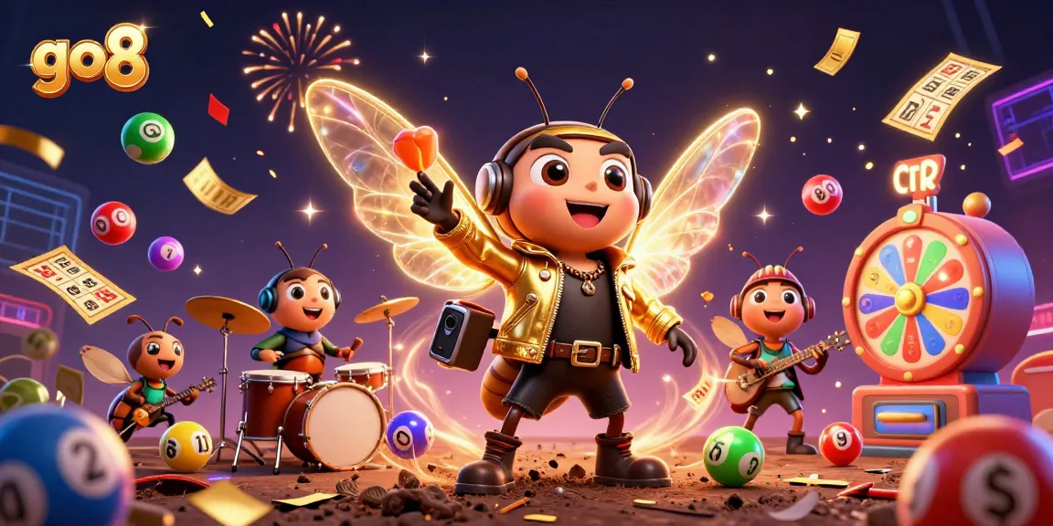 Experience the thrill of go8 with vibrant lottery balls and energetic characters in a dynamic casino scene.
