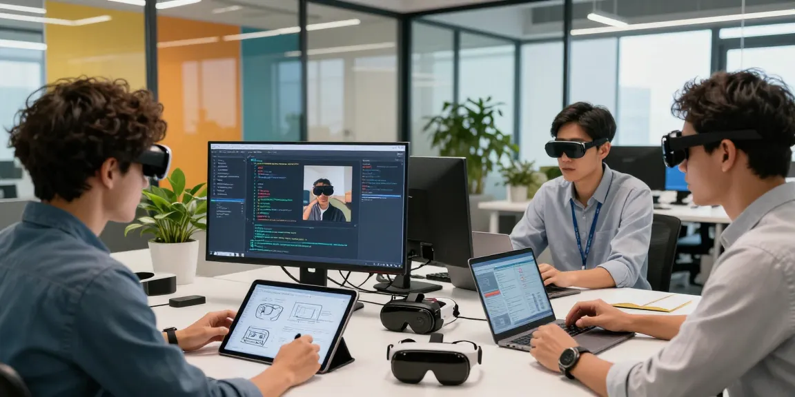 Group of professionals collaborating on AR glasses technology in a modern office setting.