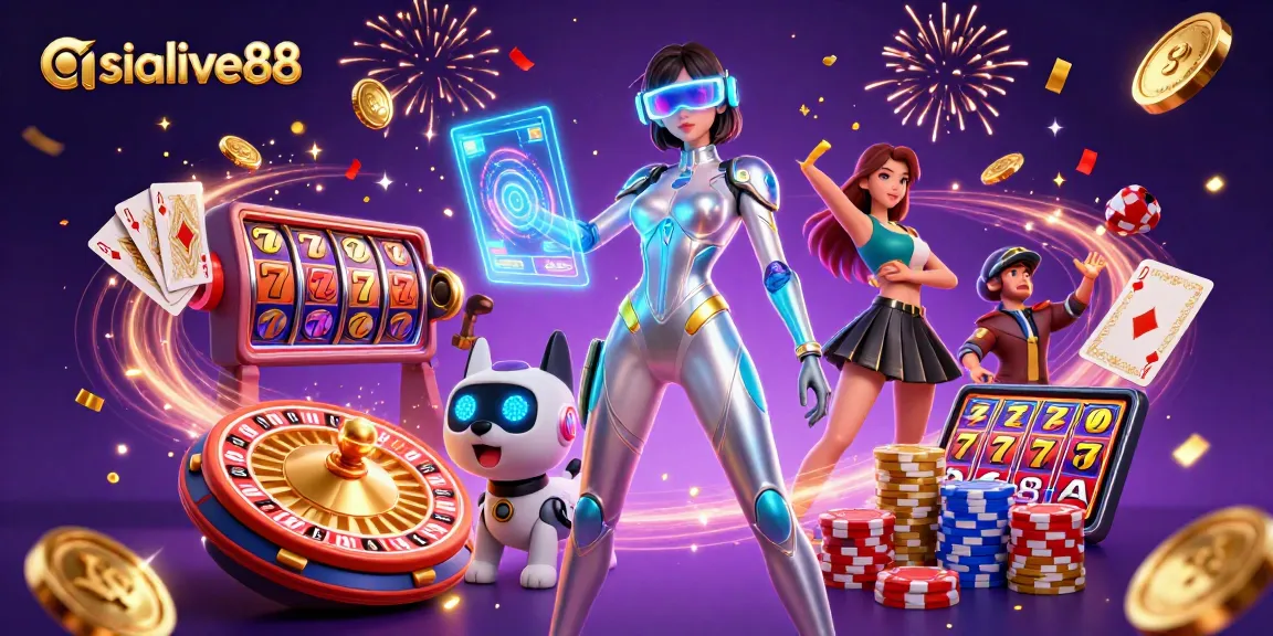 Experience the thrill of asialive88 with vibrant casino elements and a futuristic setting.
