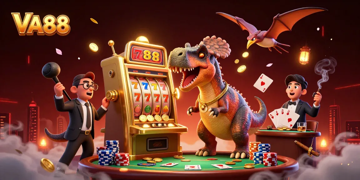 VA88 creates excitement with a cartoon dinosaur winning jackpots at a vibrant casino.