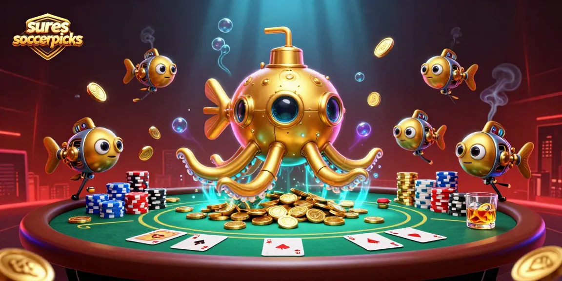 Suresoccerpicks showcases an elaborate 3D scene with a kraken submarine surfing coins and poker elements.