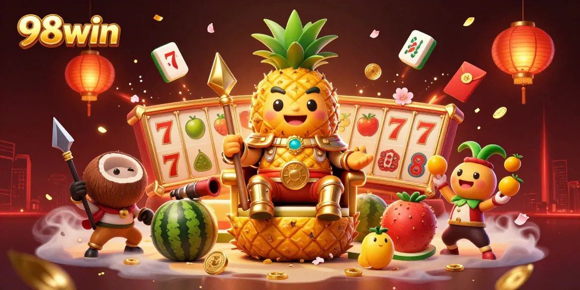Engage in thrilling gameplay with 98win's vibrant casino scene featuring tropical characters and rich rewards.