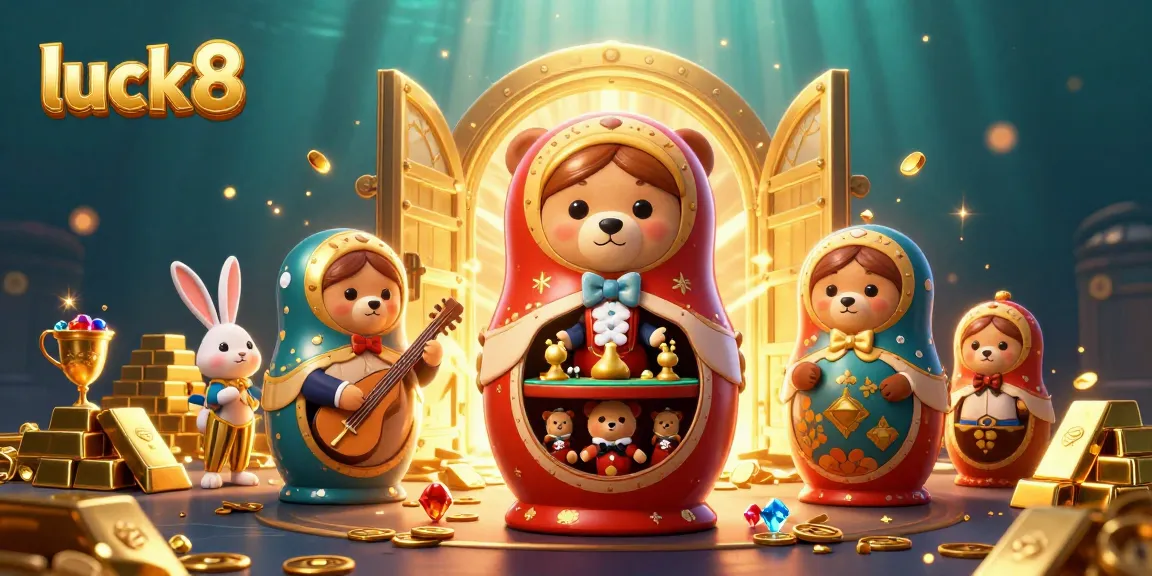 Experience luck8-themed excitement in a vibrant, festive casino scene with playful characters and rich treasures.