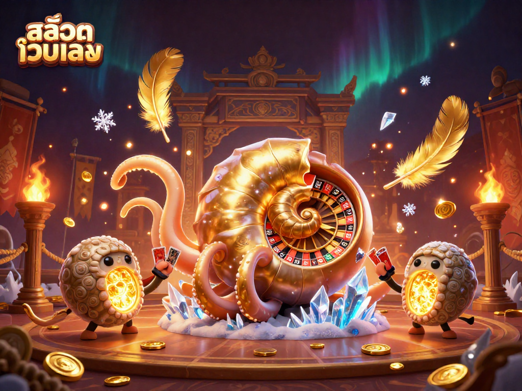 Spin the golden roulette wheel at สล็อตเว็บตรง, featuring a giant nautilus and glowing ammonite companions, amidst a dynamic casino scene.