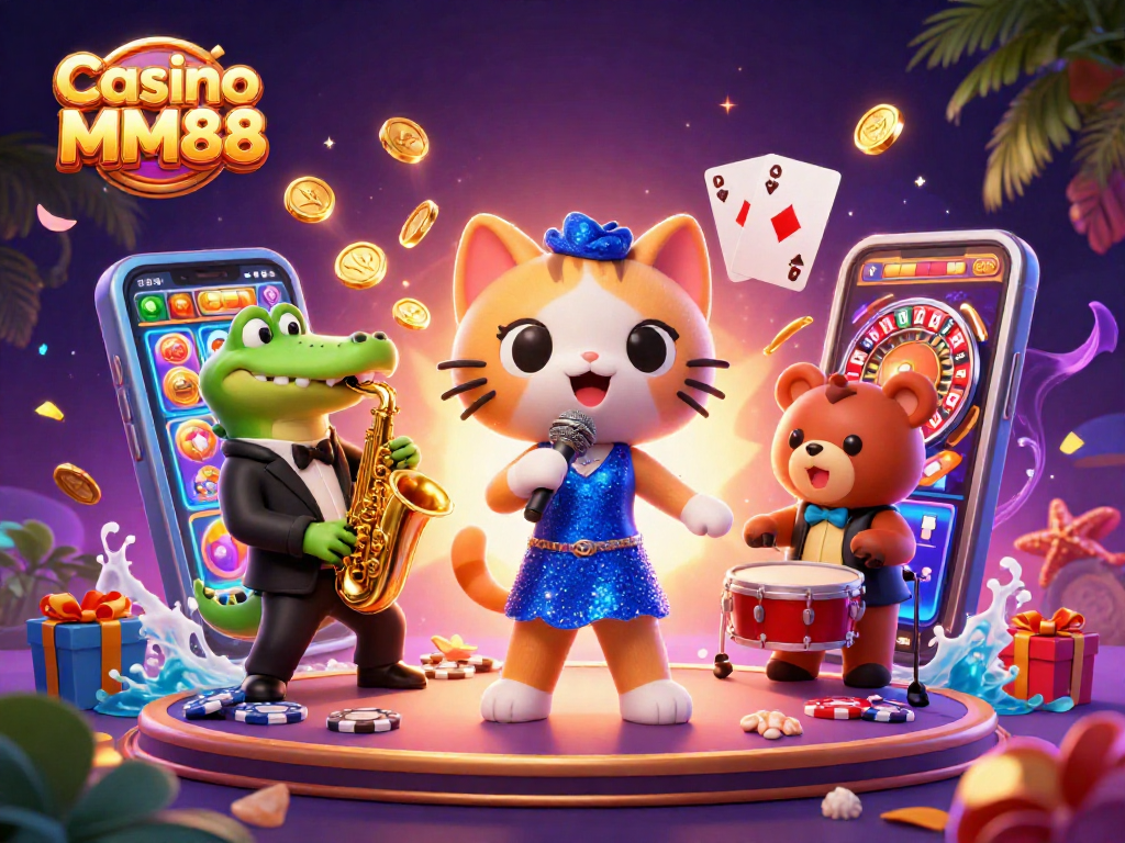 Experience the vibrant atmosphere of Casino MM88 with characters and exciting gaming elements.