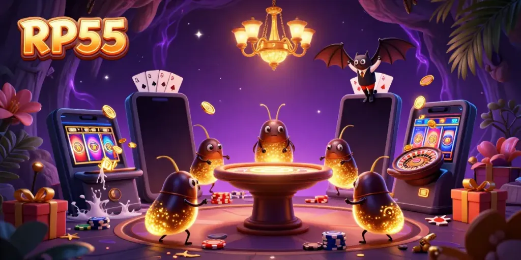 Experience the vibrant RP55 glowworm casino excitement with animated elements and dazzling colors.