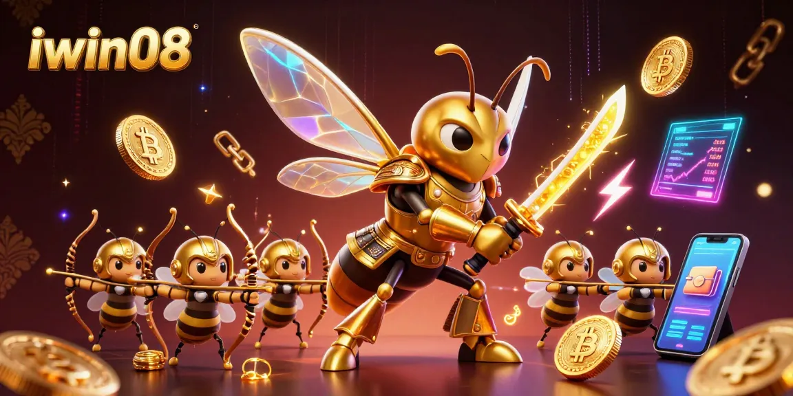 Engage with iwin08's vibrant casino atmosphere featuring a golden hornet samurai and crypto elements.
