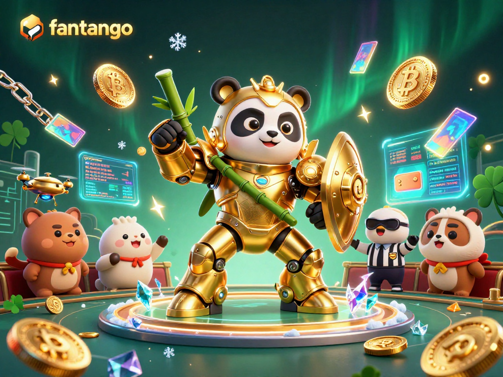Engage in an exciting fantango gameplay scene featuring a golden panda mech and crypto-themed elements.