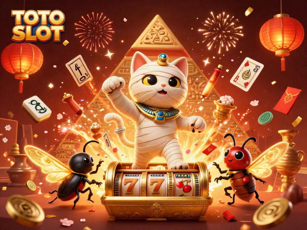 TOTO SLOT features an Egyptian mummy cat and scarab beetle in a vibrant casino scene with floating slot elements.