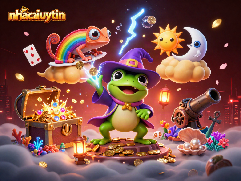 Experience the thrill of gaming with nhacaiuytin as gold coins rain down in a vibrant casino scene.