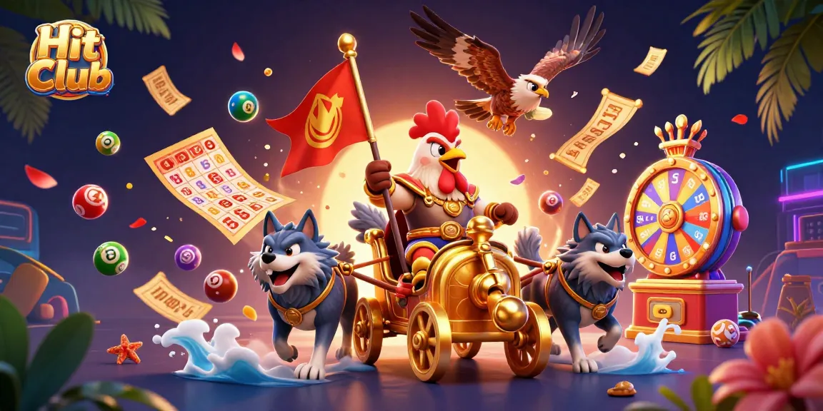 Experience excitement at Hit Club with a dynamic scene of a rooster warlord and casino elements.