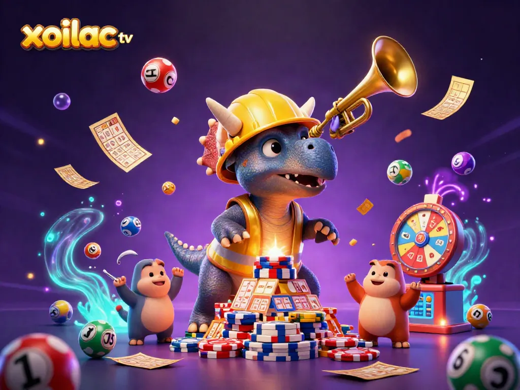 Xoilac TV features a lively scene with a triceratops and friends celebrating during a dynamic casino game.