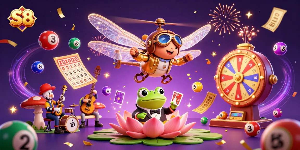 Engage with the vibrant S8 casino world featuring a dragonfly pilot, card-dealing frog, and dynamic lottery elements.