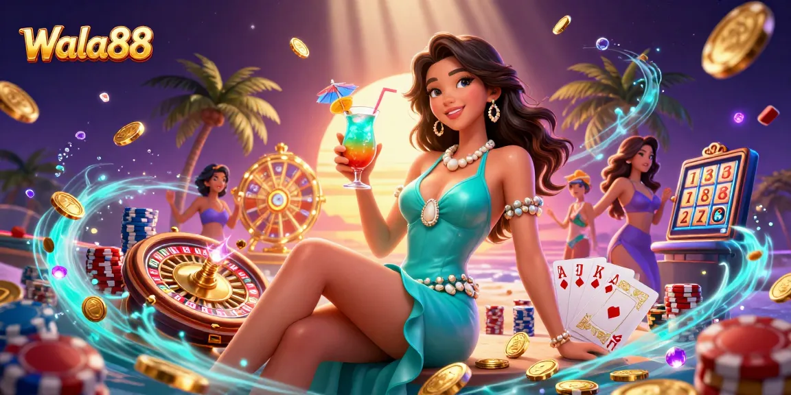 Experience the thrill of wagering at Wala88 with a glamorous beachside casino ambiance featuring treasures and lively characters.
