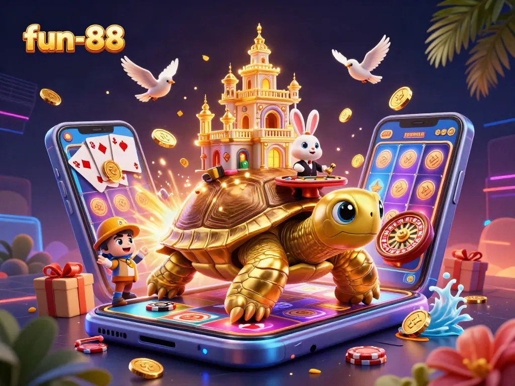 Win big at fun-88 with a vibrant casino scene featuring a tortoise palace and golden coins!