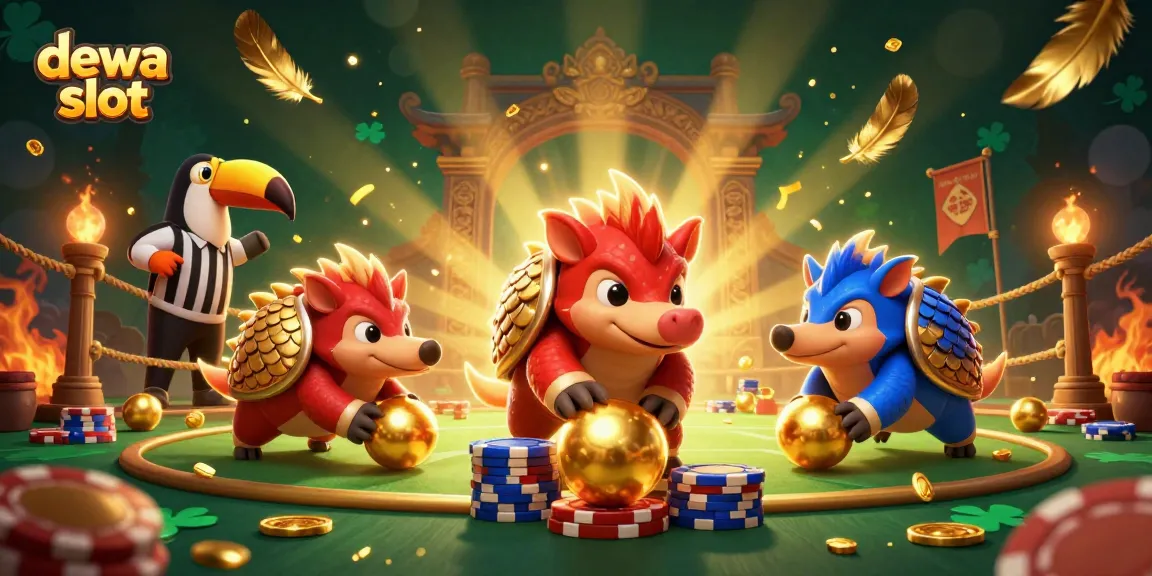 Engage with dewa slot action as pangolins bowl through poker chips amidst vibrant casino elements.
