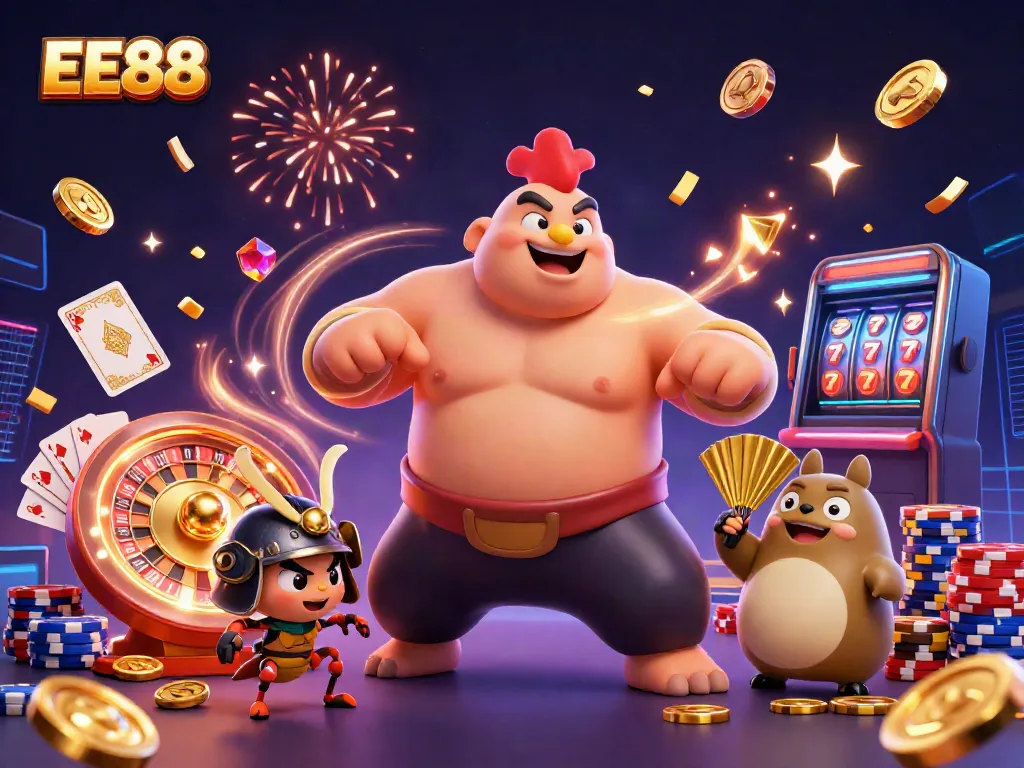 EE88 summons excitement with a powerful sumo wrestler and samurai cricket in a dynamic casino scene.