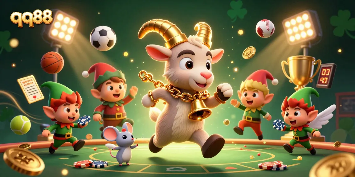 Experience thrilling play at qq88, a lively casino scene with festive characters and vibrant elements.